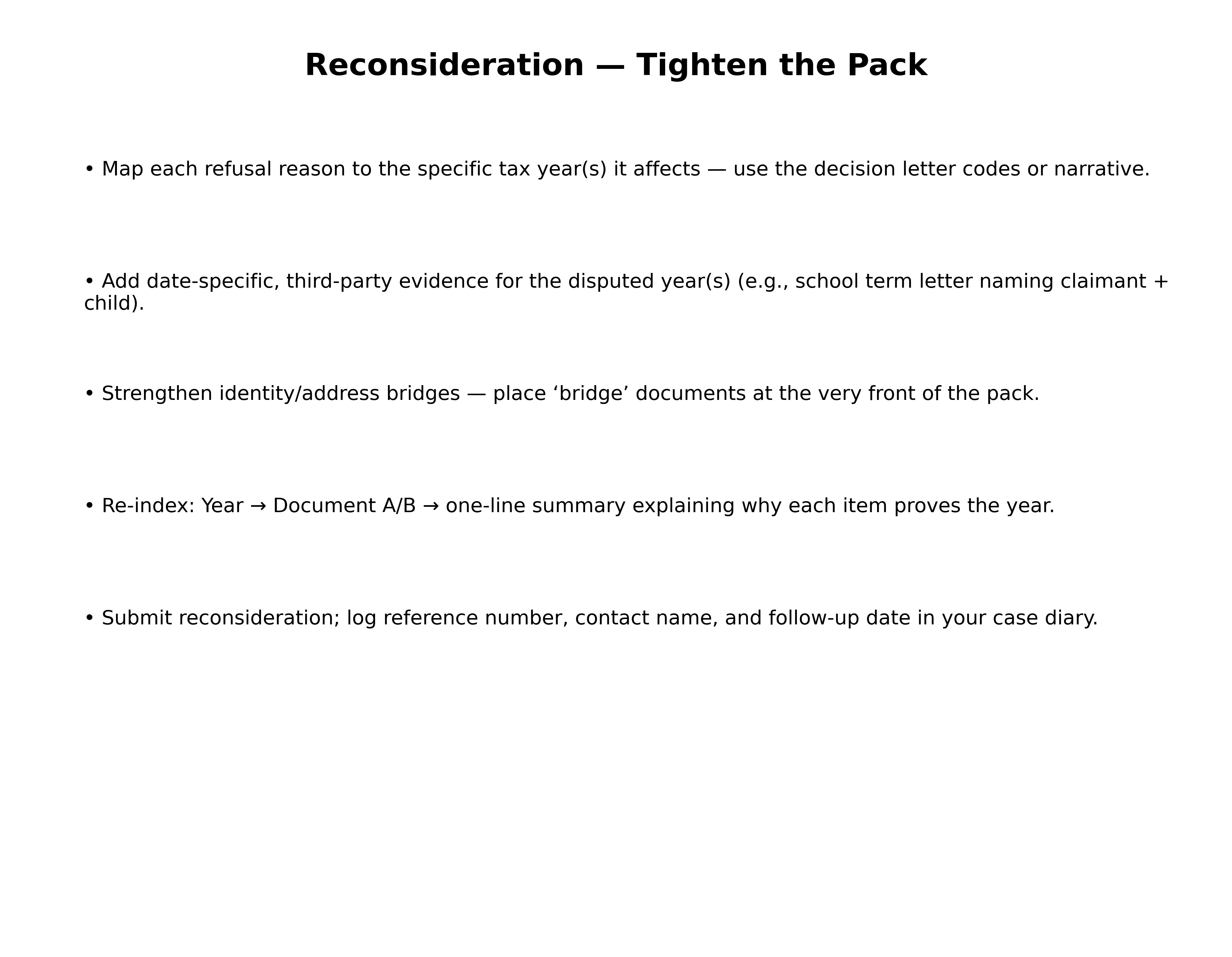 Figure B — Reconsideration checklist: map refusal → add dated evidence → re-index → resubmit.